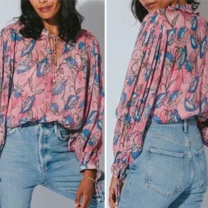 CLEOBELLA EMILY LOTUS PRINTED CHIFFON TIE NECK PINK BLOUSE SIZE MEDIUM